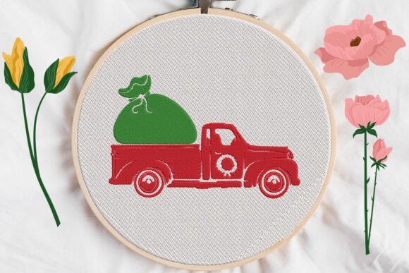 Christmas Gift Bag Truck Embroidery