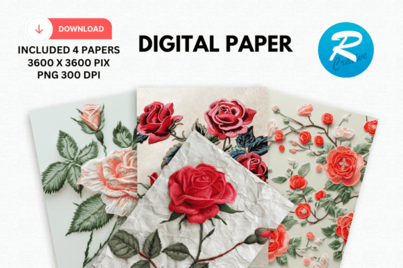 Rose Flower Embroidery Digital Paper PNG