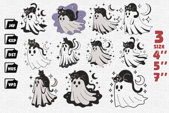 Set of 11 Ghost with Cat Embroidery