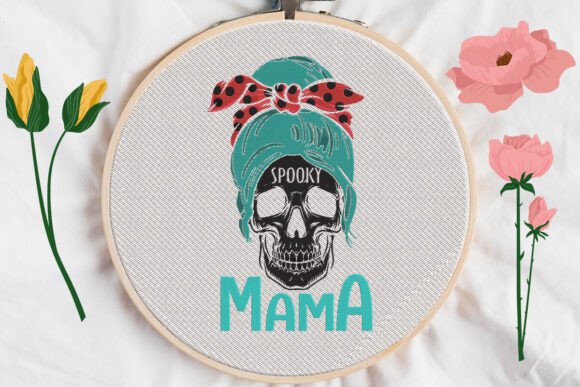 Spooky Mama, Messy Bun Skull Embroidery