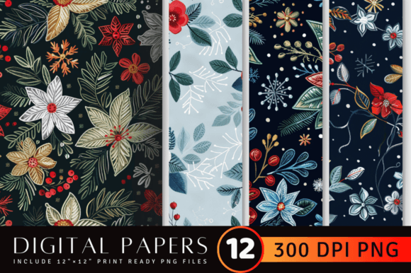 Winter Embroidery Flowers Digital Paper